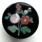 Antique Victorian Black Glass Button Pretty Painted Pink Red Flowers 5/8”