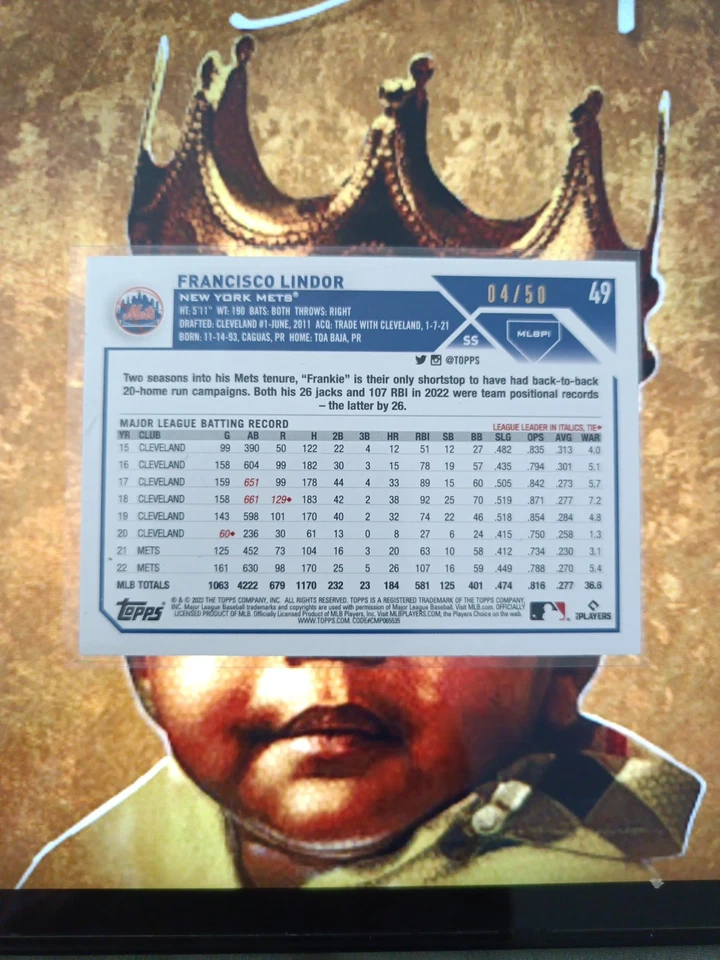 FRANCISCO LINDOR 2023 Topps x MLBPA Players Clubhouse Exclusive #49 Gold /50 - Image 2 of 2