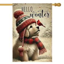 Hello Winter Dog Garden Flag 24x40 Vertical Double Sided Cardinal Bird Snow C...