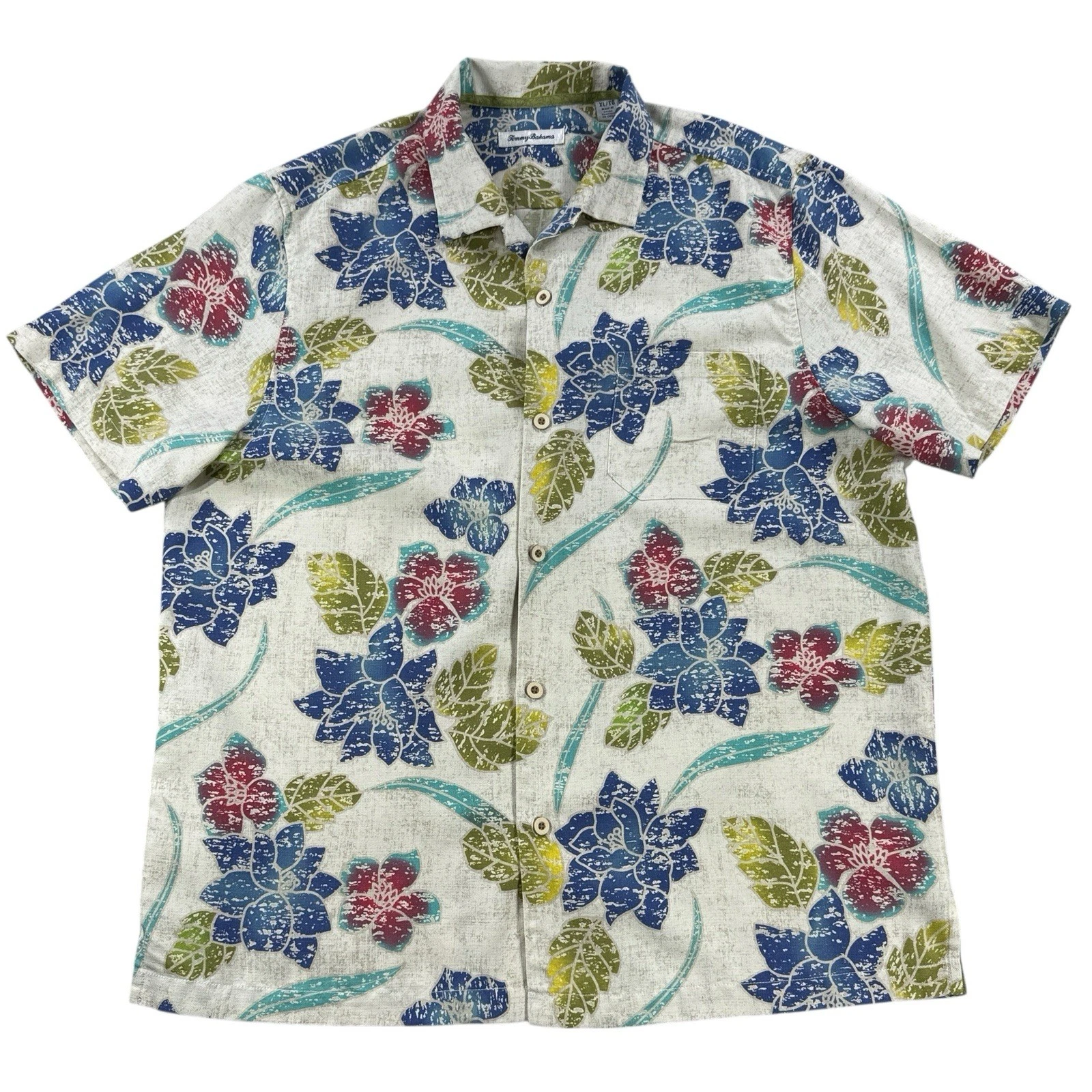 Tommy Bahama Hawaiian Shirt Mens XL Beige Floral Resort Island Zone Silk Poly