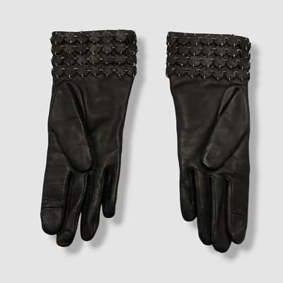 $250 Agnelle Women's Black Cashmere Leather Patch Gloves Size 7.5