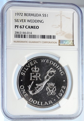 1972 BERMUDA Elizabeth II Philip Wedding Proof Silver 1 Dollar Coin NGC i105780 - Picture 3 of 5