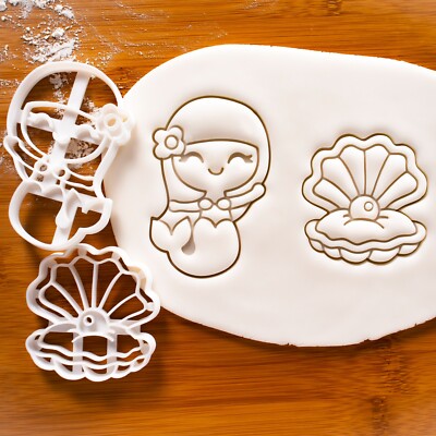 Set of 2 Mermaid & Pearl Oyster Cookie Cutters - ocean nautical under the sea