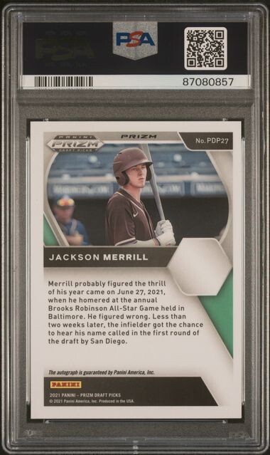 2021 Prizm Draft Picks Jackson Merrill Carolina Blue Velocity Auto PSA 9 POP2 view 2