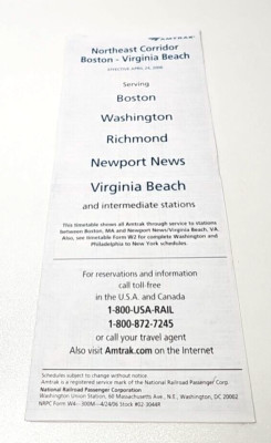 C. 2006 24.04.2006 Amtrak Northeast Corridor Boston Virginia Fahrplan Passagier