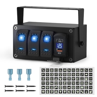 Joinfworld 3 Gang Marine Rocker Switch Panel 12V Rocker Switch Box SPST On/Off