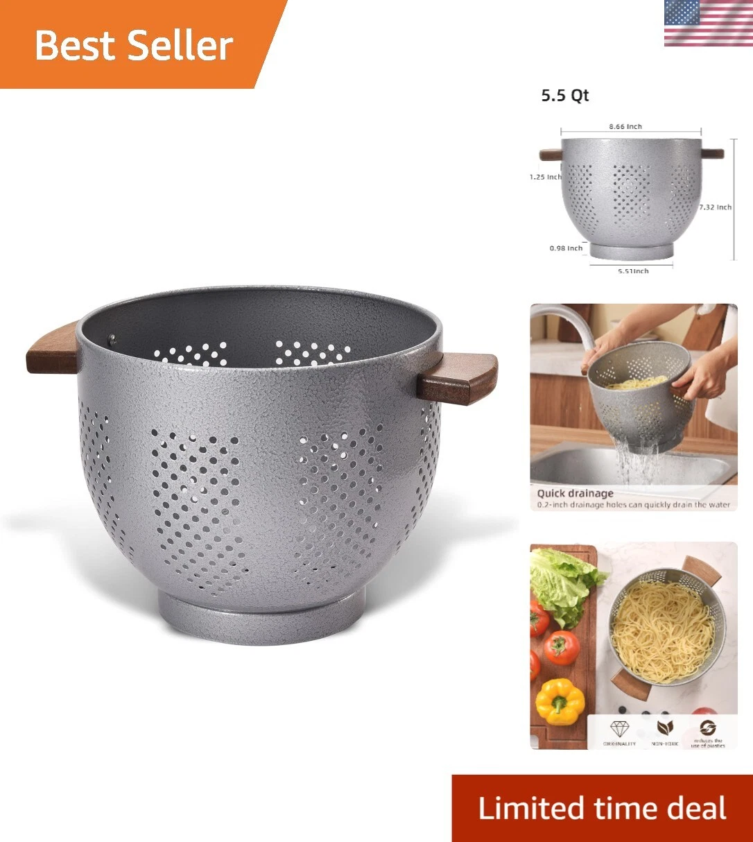 Industrial Grey Hammertone Colander with Wood Handle - Perfect for Kitchen Use