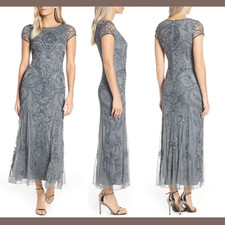 NEW Pisarro Nights 12 Embellished Mesh Gown in Steel F920