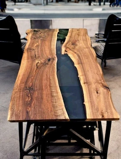 Black Epoxy Resin Dining Table Top Acacia Wooden Made to Order with Iron Stand - Image 2 of 4