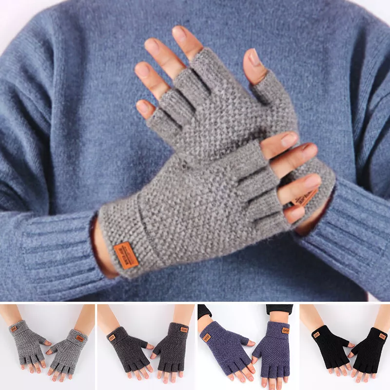 Winter Men Fingerless Gloves Half Finger Knitted Wool Warm Thick Gloves  Outdoor