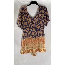 XHILARATION Women's Blue-Orange Floral V-Neck Short Sleeve Romper SZ L