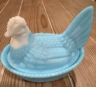 Rare Westmoreland Blue White Slag Glass Hen On Nest Basket Dish Split Tail VTG