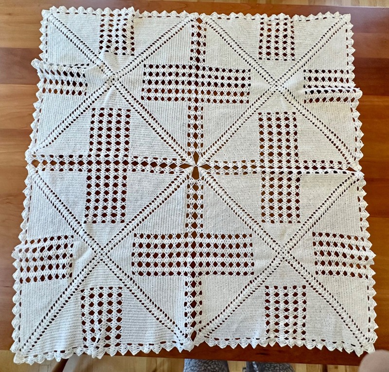 Vintage Hand Crocheted Table Cover 33" by 33" White Cotton