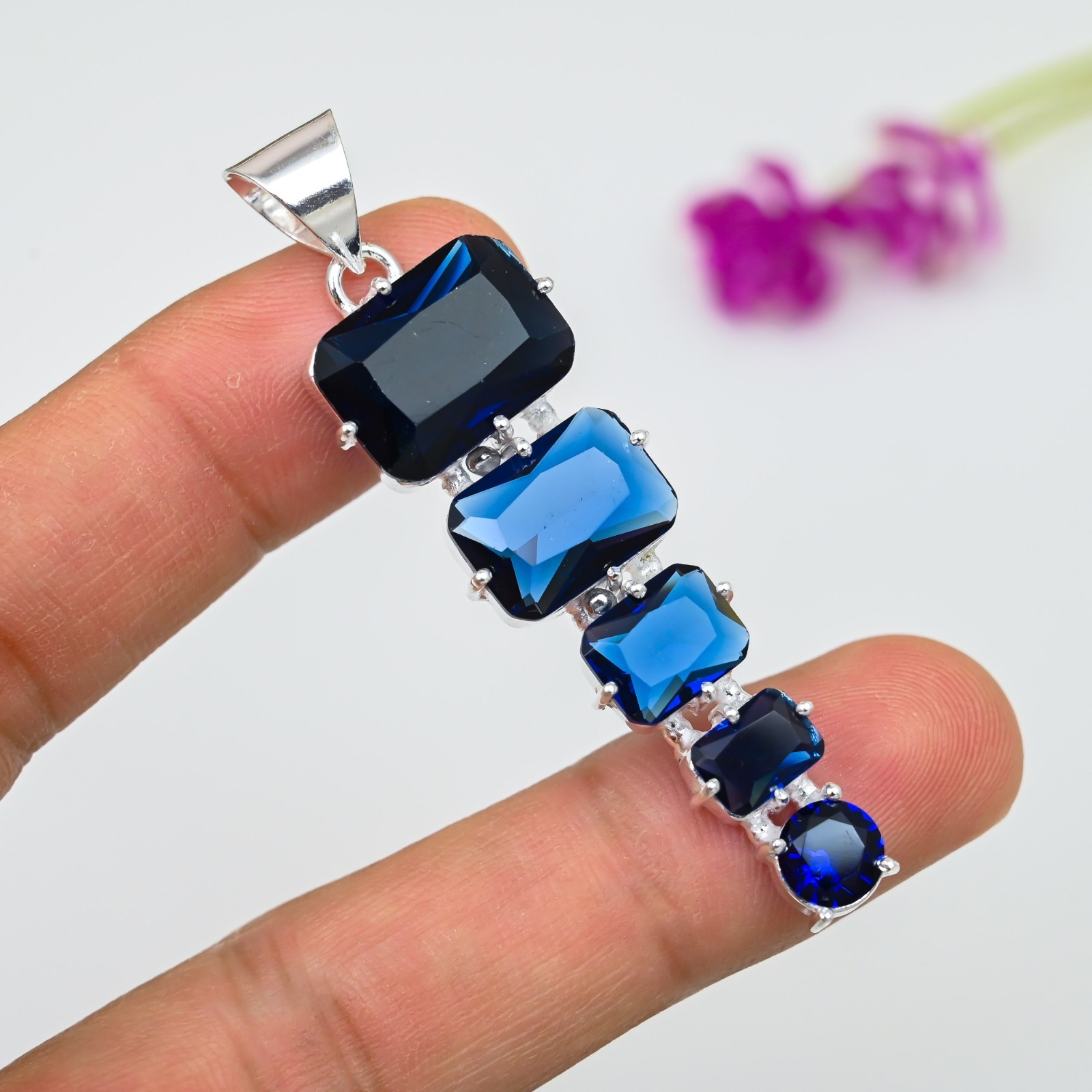 Blue Sapphire Lab-Created Gemstone Handmade 925 Sterling Silver Jewelry Pendant