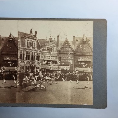 Brüssel Stereoview um 1900 Echtfoto Belgien antike Taubenrennen Körbe