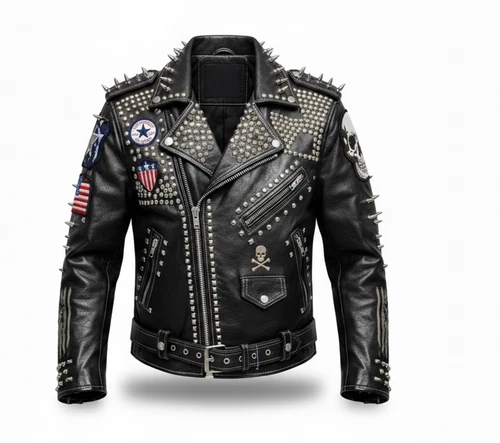 Men's Black Leather Biker Jacket Skull Studded Punk Motorcycle Rock Style ProX . - product listing photo