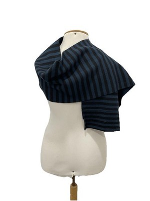 Kenzo Paris Knit Shawl Scarf Blue Wool Blend Striped Hem Oversized Unisex #A3