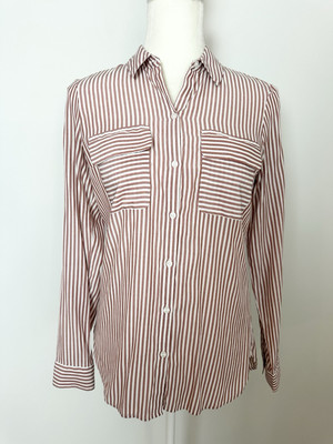 Express Womens Button Down Blouse Size XS Pink White Striped Roll Tab Sleeves