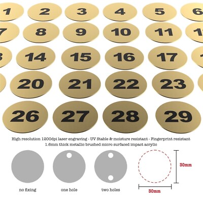 1-500 lasergravierte Zahlenscheiben Gold Messing 30 mm Tisch Kneipe Club Etiketten Spind