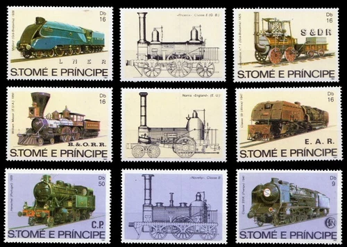 Sao Tome 1982 MNH 6v+ 3 Labels, Railways, Trains, Eisenbahn