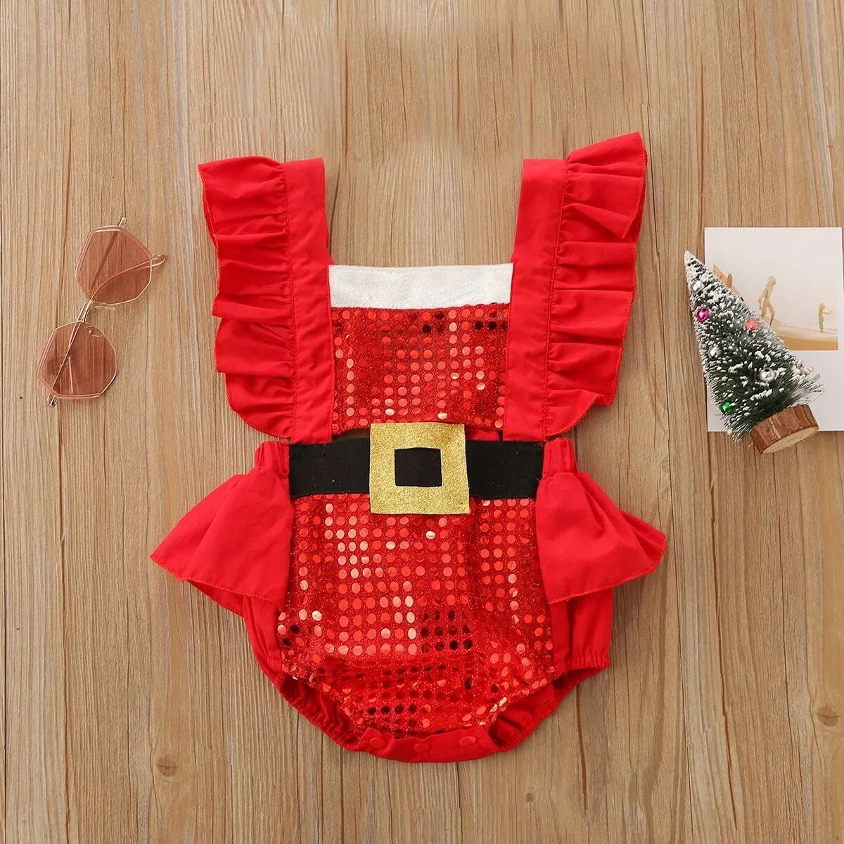 NEW Christmas Santa Baby Girls Red Sequin Ruffle Romper Jumpsuit