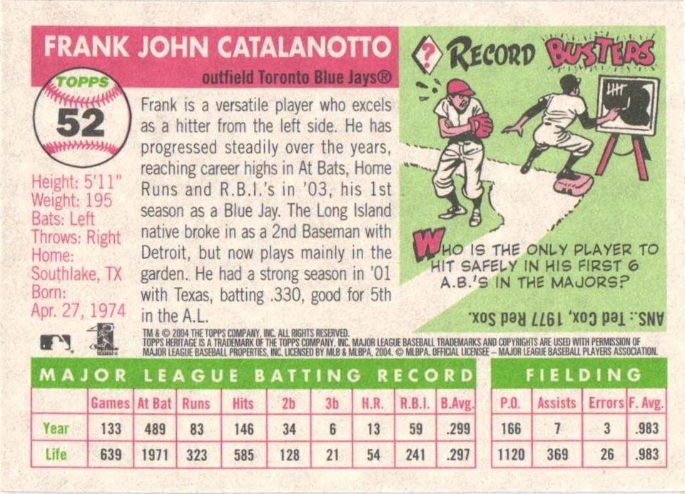 2004 Topps Heritage #52 Frank Catalanotto Toronto Blue Jays  Baseball Card - Image 2 of 2