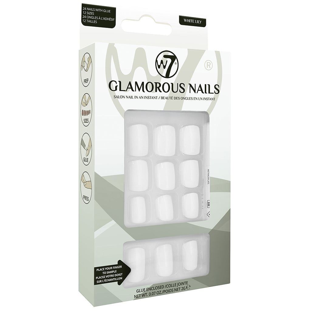 W7 Glamorous Nails - White Lily - Glue Enclosed Salon Press On False Nails