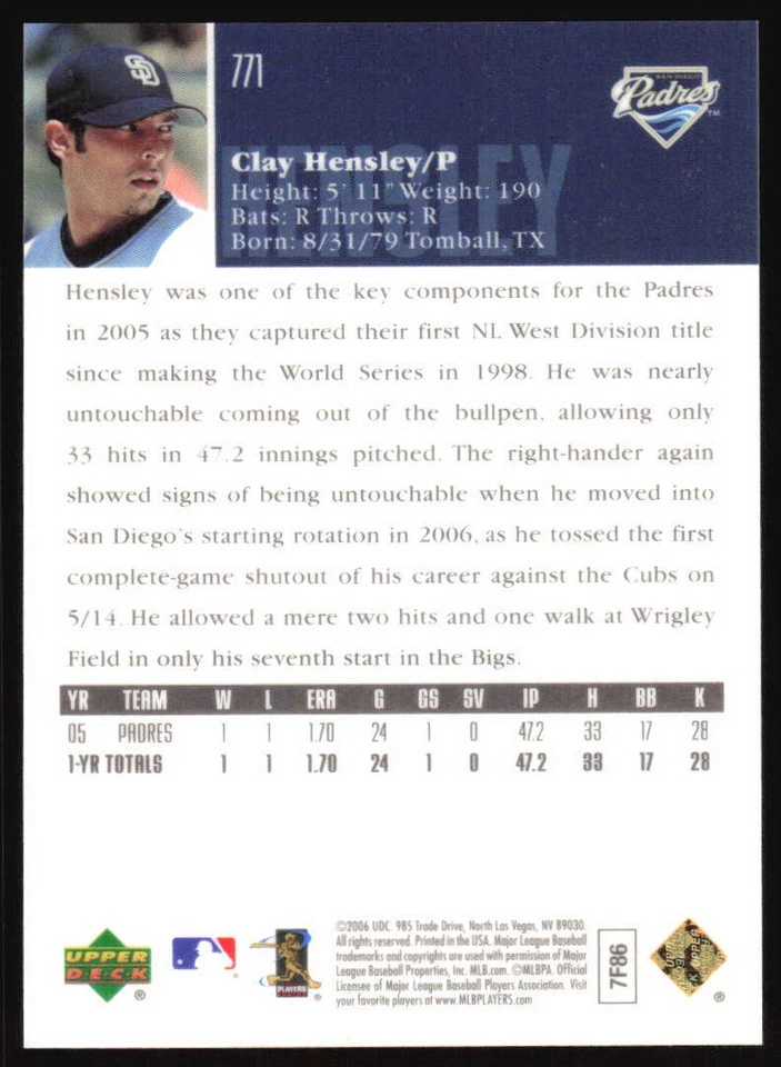 2006 Upper Deck Special F/X Clay Hensley #771 Purple #'d /150 Padres - Image 2 of 2