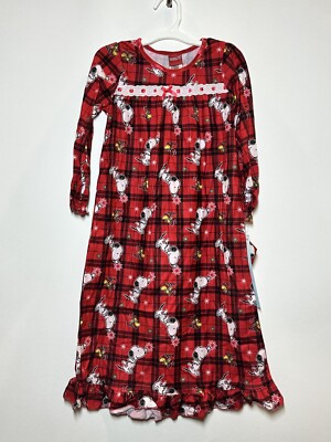 Peanuts Girls Red Flannel Snoopy Dog Holiday Nightgown Size XS 4/5