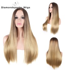 Women Natural Real Long Straight Hair Wigs Ladies Ombre Blonde Fanshion Full Wig