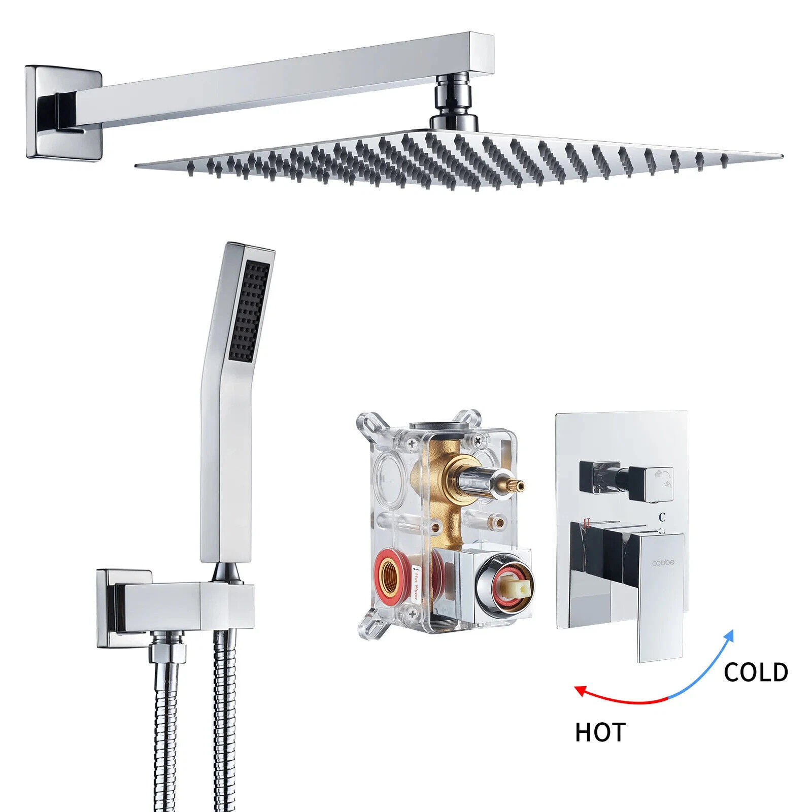 Cobbe Chrome 10" Rainfall Handheld & Shower Head System Rough-in Valve rain