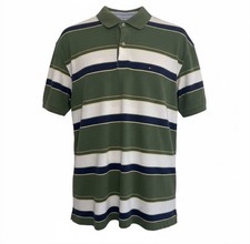 Tommy Hilfiger Mens Striped Polo Shirt XL Olive Green White Blue Vintage