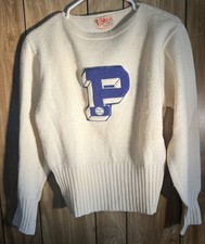 1950's Stadium Woman s Award Varsity Letterman Sweater White Blue Letters VTG