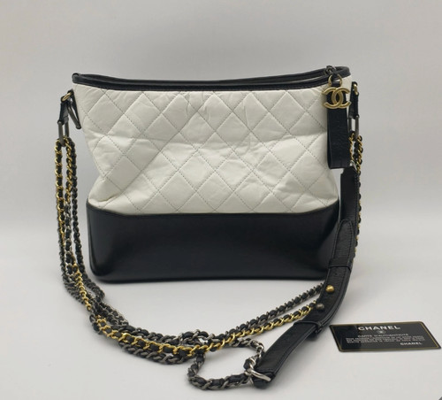 Authentic Chanel Gabrielle Medium Hobo Bag Black White Quilted Gold‑Silver Mixed
