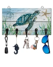Sea Turtle Ocean Key Holder for Wall Decorative, Wood Wall Mounted Key Rack w...