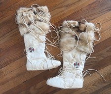 Handcrafted White Leather and Fur Moccasin Boots with Beaded Design