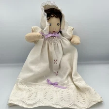 Vintage Handmade Cloth Rag Doll Bonnet Dress Lace Trim Smocked Y2K Decor