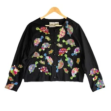 Michael Simon Lite Cardigan Black XL Turtle Vintage Button Up Cotton Embroidered