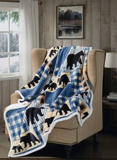 Cabin Flannel Sherpa Throw Blanket for Couch - 50" x 60" - Black Bear Plaid F...
