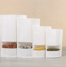 Kraft Matte White Stand Up Seal Bags Resealable Food Pouch with Window 100pcs