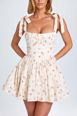 Women Bow Tie Strap Mini Dress Square Neck Backless Summer Party Dress