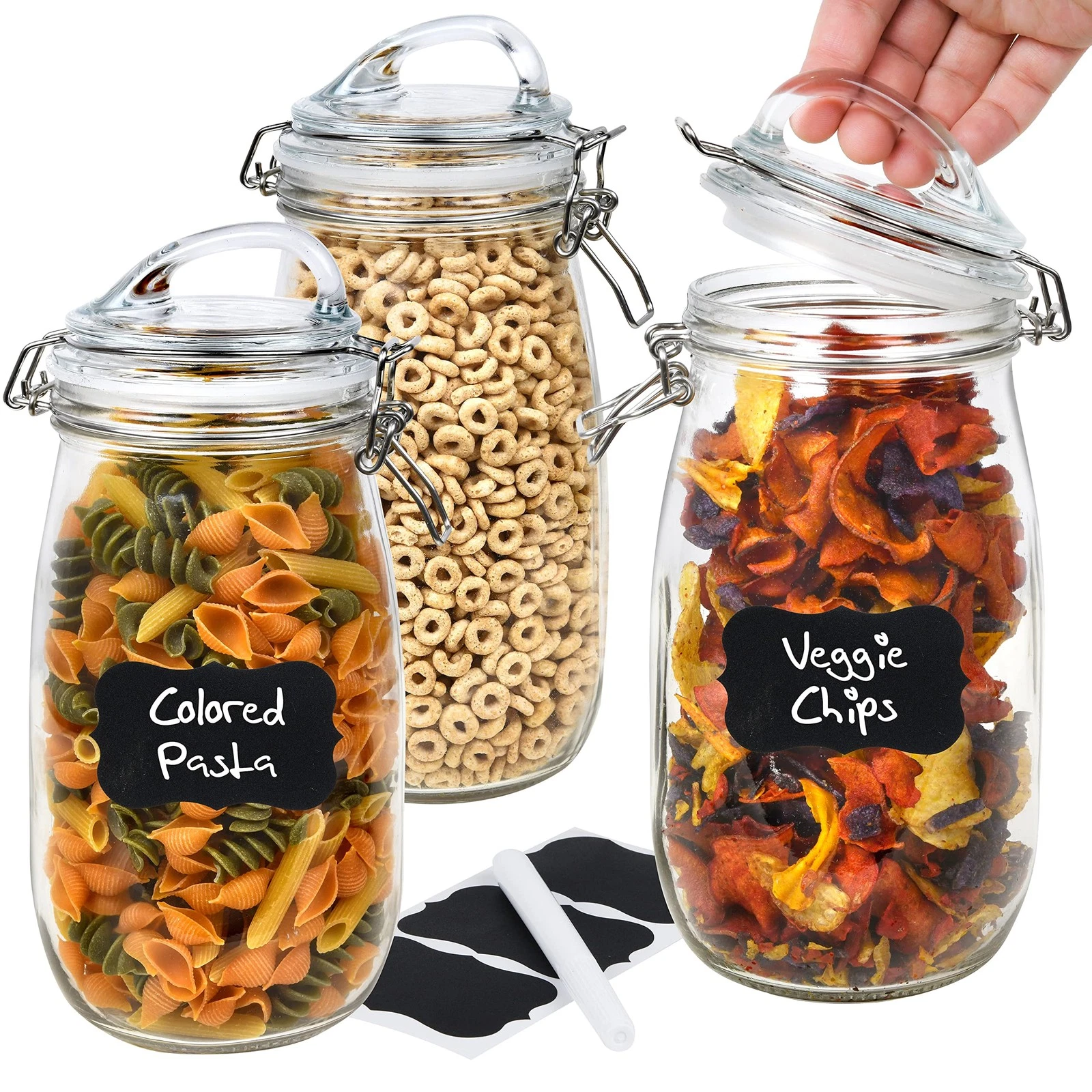 Set of 3 Glass Storage Jars 50oz with Airtight Lids, Kitchen Food Canisters