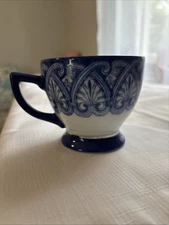 Bombay Company Tea Cup Tile Cobalt Blue White Platinum Trim Arabesque Tile