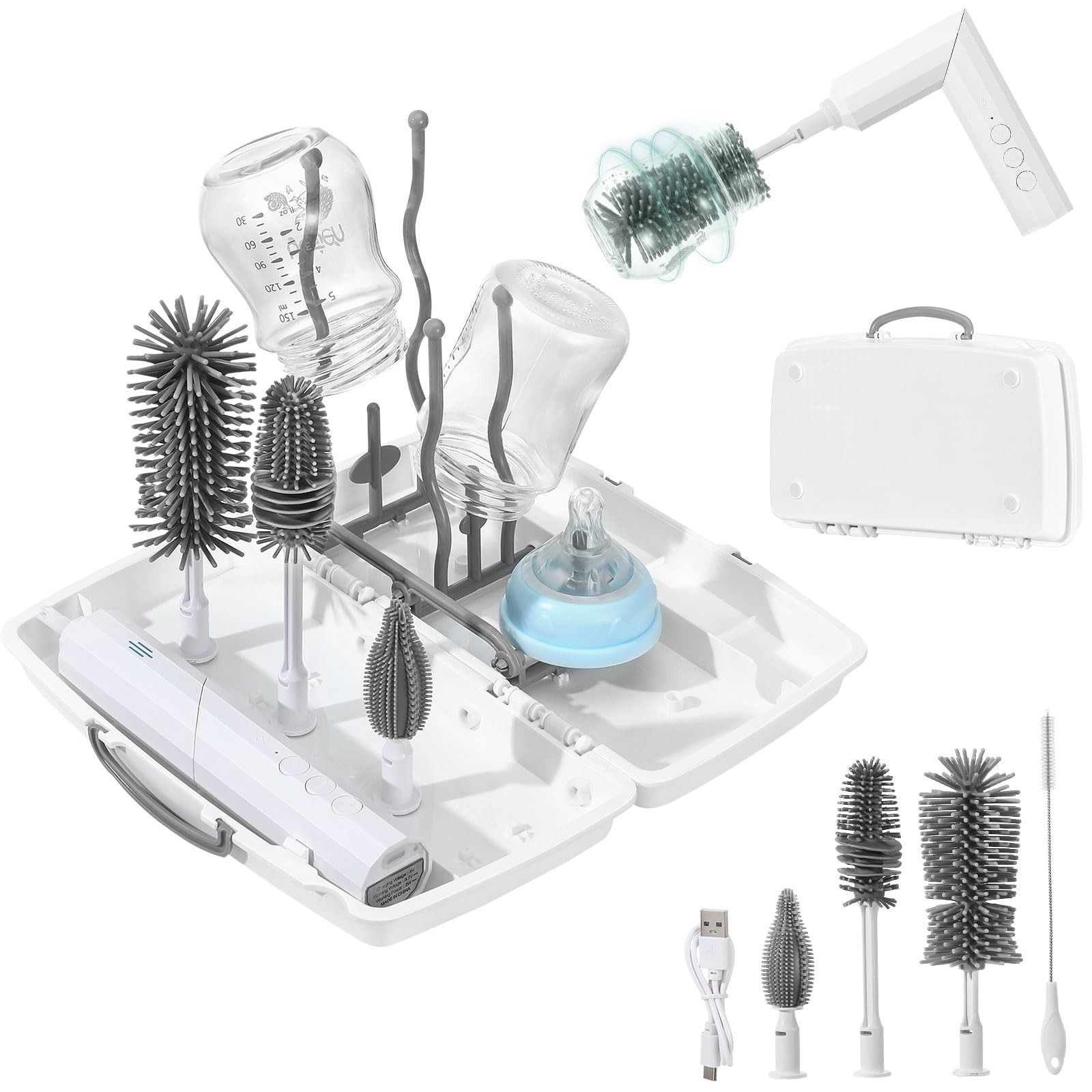 Electric Baby Bottle Brush Cleaner7in1 Travel kit with Rechargeable 90&deg;Foldin...