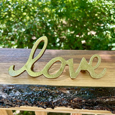 Gold Metallic Metal LOVE Script Hanging or Freestanding Sign, Small 9”x 4"