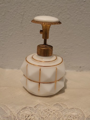 #ad Vtg Art Deco White Milk Glass Perfume Bottle w Pump Atomizer Gold Trim FRANCE $24.99