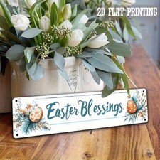 2D Easter Blessings Metal Iron Sign Wall Decor 4x16 Inch with Floral Egg Design