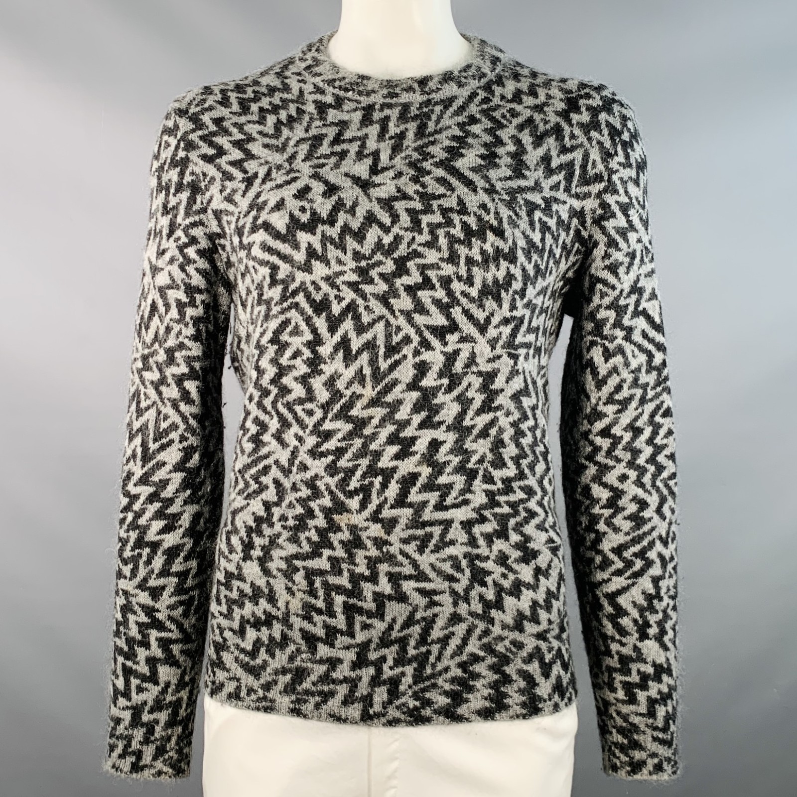 SAINT LAURENT 2019 Taglia L Grigio Nero Zig Zag Misto Lana Maglione Girocollo