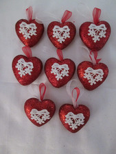 8 Elegant Red Glitter  Lace Heart Valentines Day Ornaments, appx. 2" NEW