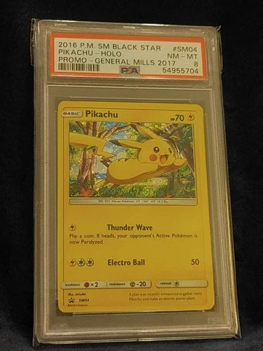 2016 POKEMON SM BLACK STAR PROMO GENERAL MILLS 2017 #SM04 PIKACHU-HOLO PSA 8